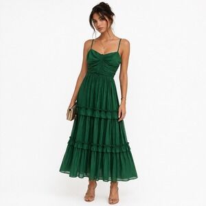 AQUA Tiered Midi Dress Women Small Green Pleated Ruched Spaghetti Strap Cocktail